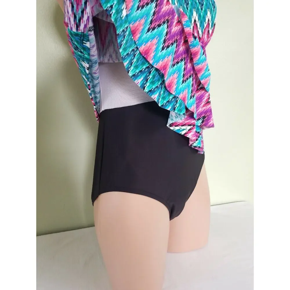 Swim Solutions Island Sunset Tummy-Control Tiered One-Piece Swimsuit  size 8 - Picture 5 of 6